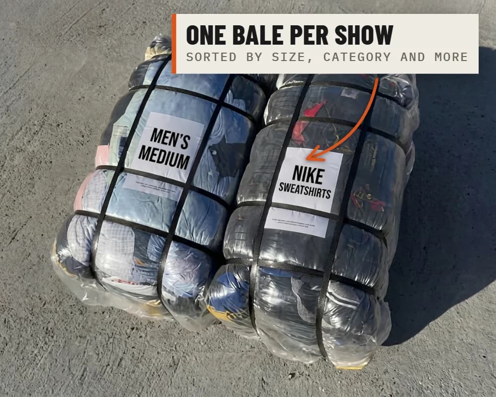 Two bales labelled for shows: men's medium, and Nike sweatshirts