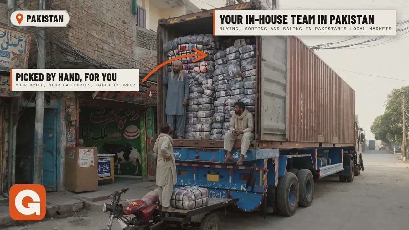 Our team beside a container loaded with bales of clothing on a Pakistan street