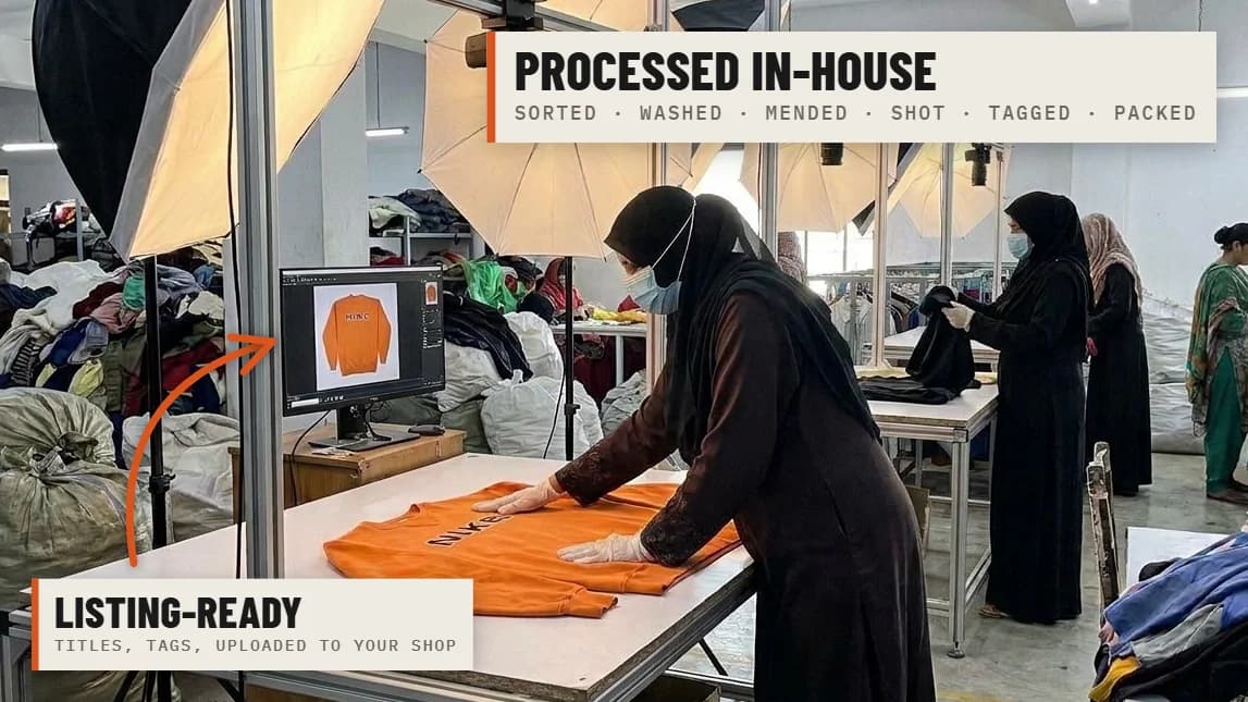 Team member smoothing a vintage orange Nike sweatshirt flat at one of our photo stations in Pakistan