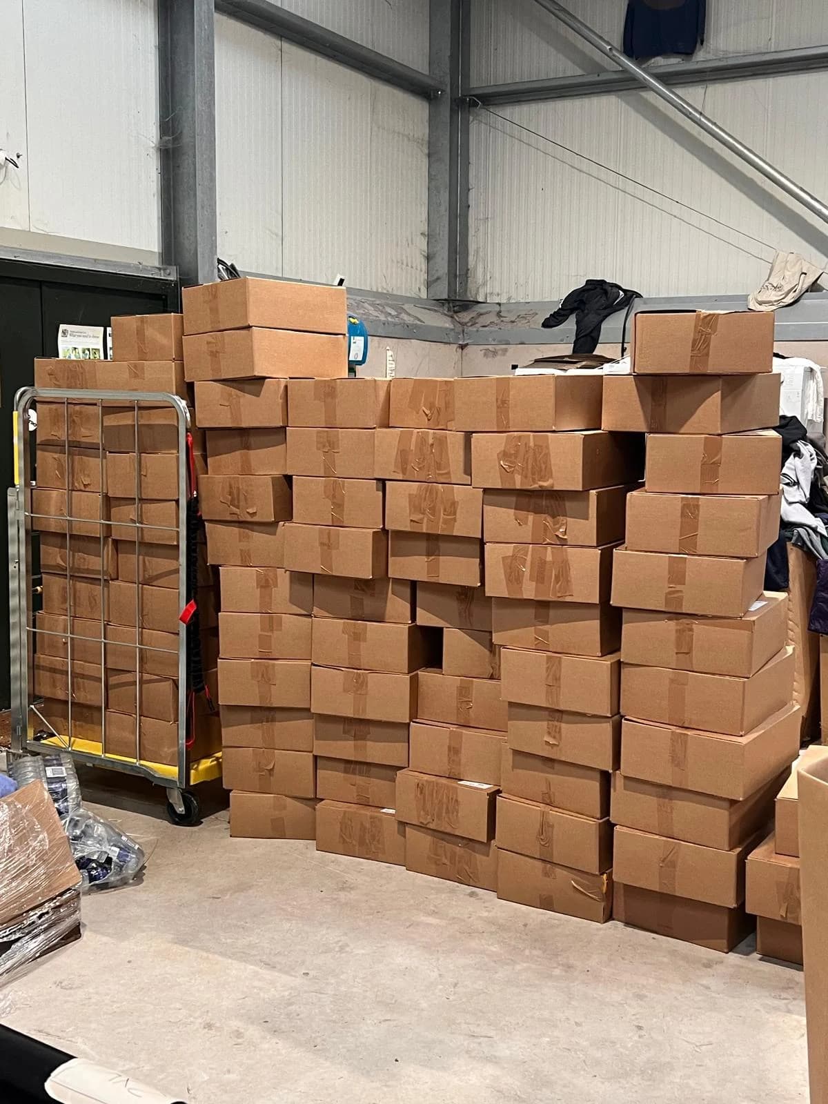 A wall of packed boxes ready to go out