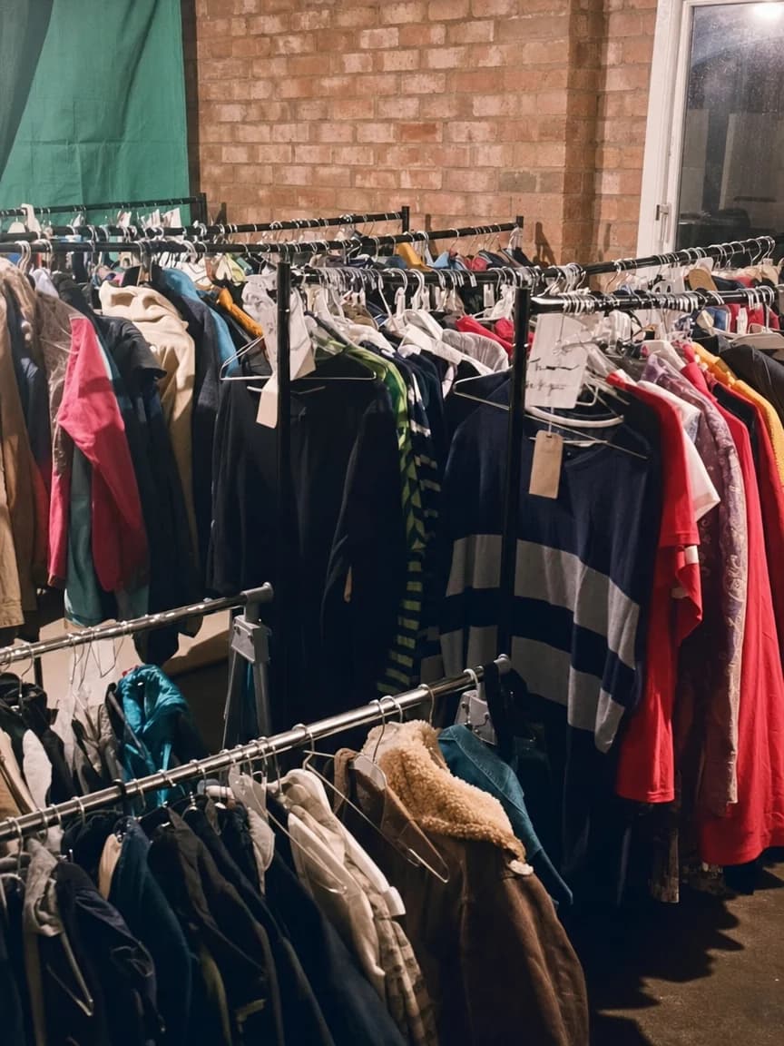 Rails of vintage clothing in the garage, from an early video