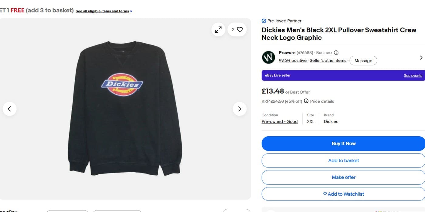 A Dickies sweatshirt from our stock, listed on Pre-worn's eBay store