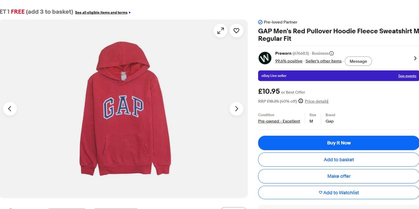 A GAP red hoodie from our stock, listed on Pre-worn's eBay store