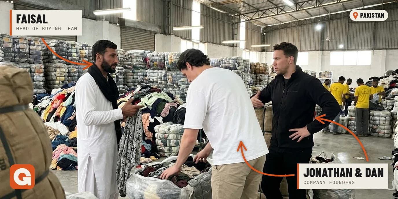 Jonathan and Dan with Faisal, our head of buying, in the warehouse in Pakistan