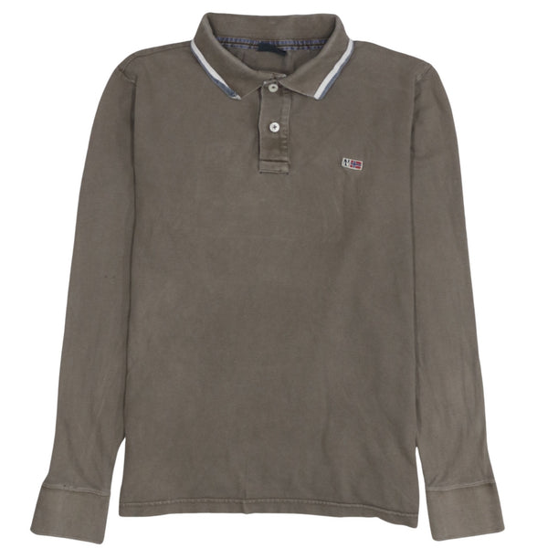 Napapijri 90's Long Sleeve Quarter Button Polo Shirt Large Brown