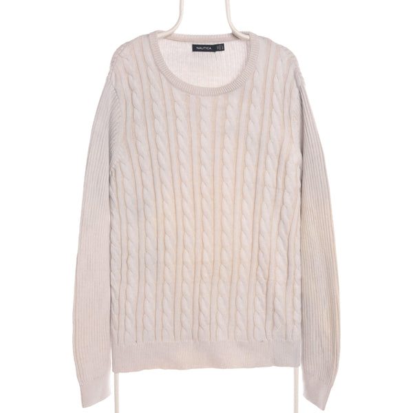 Vintage Nautica 90s White Crewneck Knitted Cord Jumper - Men's XLarge