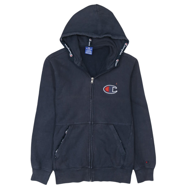 Champion 90's Drawstring Pockets Full Zip Up Hoodie Large Navy Blue