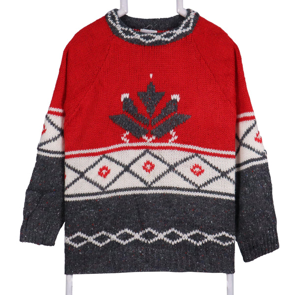 90s Fabe Women's Red Aztec Knit Jumper Medium Vintage Sweater
