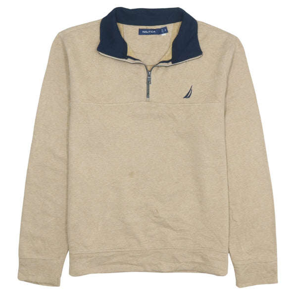 Nautica 90's Vintage Heavyweight Quarter Zip Cotton Sweatshirt Medium Beige Cream