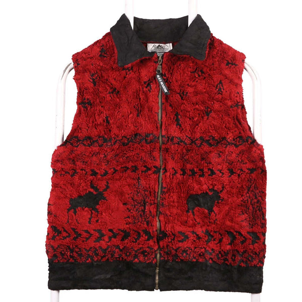 90's Black Mountain Red Fur Fleece Zip Up Sleeveless Vest Small
