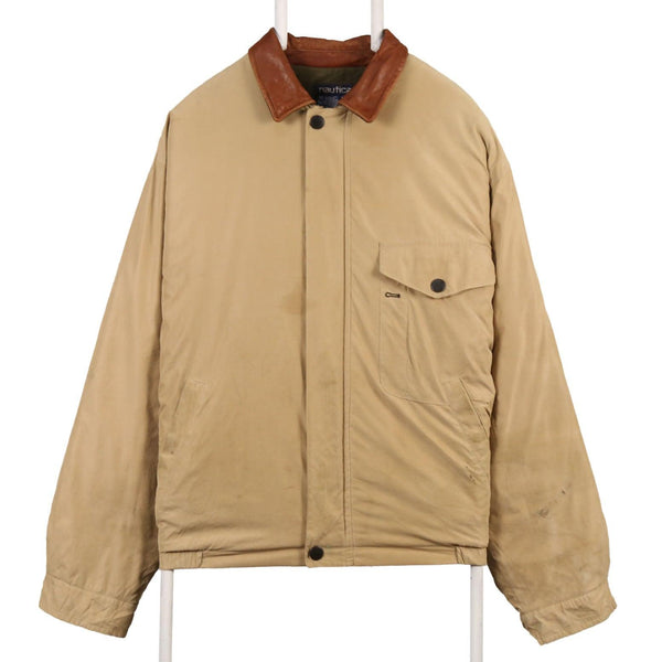Nautica 90's Beige Cream Leather Collar Zip Up Puffer Jacket XLarge