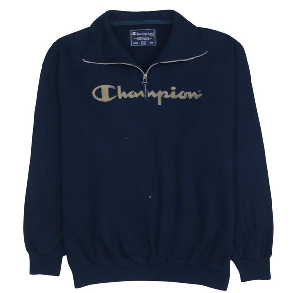 Vintage Champion Spellout Quarter Zip Sweatshirt XL Navy Blue