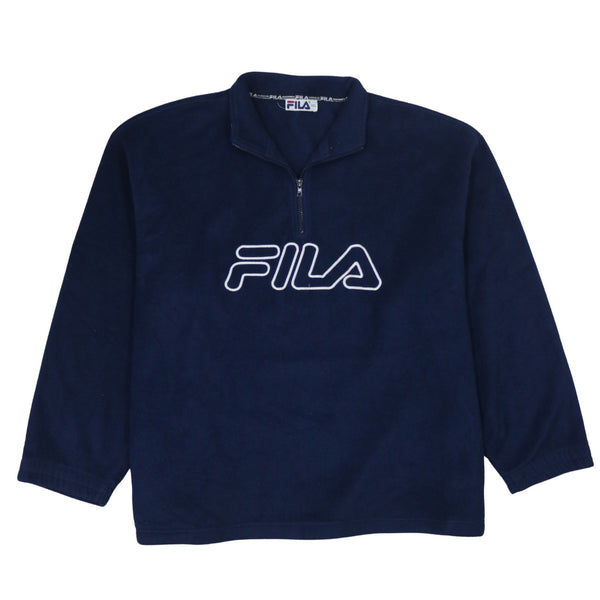Fila 90s Spellout Quarter Zip Fleece Jumper 2XL Navy Blue Vintage