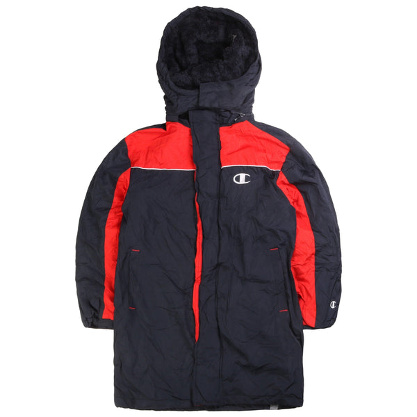 Champion Women's Navy Blue Hooded Puffer Jacket Small Zip-Up Vintage