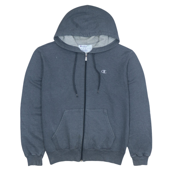 Champion 90's Full Zip Up Drawstring Pockets Grey Hoodie Medium