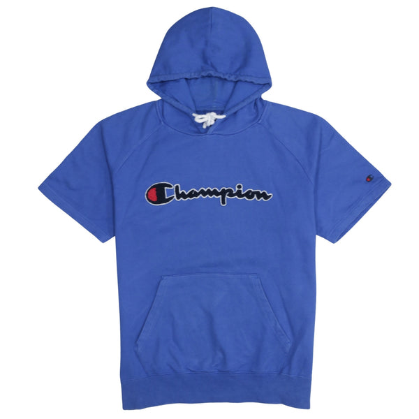 Champion 90's Spellout Short Sleeves Hoodie XLarge Blue