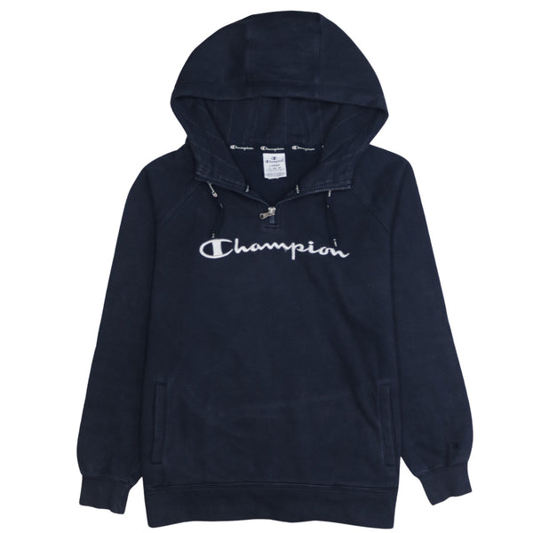 Champion 90's Spellout Quarter Zip Hoodie Large Navy Blue