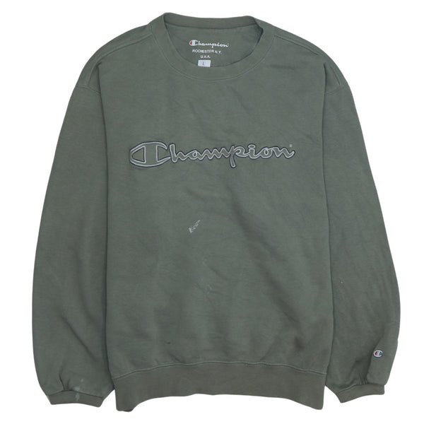 Champion 90s Men's Large Spellout Crew Neck Sweatshirt Khaki Green