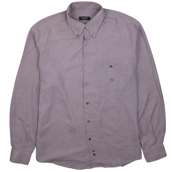 Burberry 90's Large Grey Men's Long Sleeve Button Up Shirt Vintage