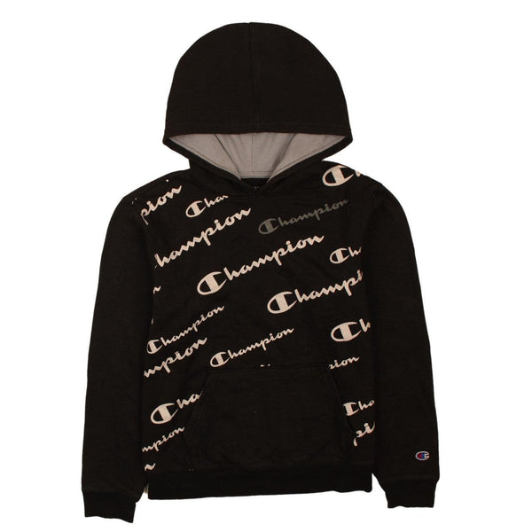 Champion 90's Vintage Black Pullover Hoodie XL with Drawstring Pockets