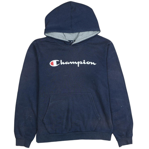 Champion Vintage 90s Spellout Hoodie Navy Blue Women’s XL Retro