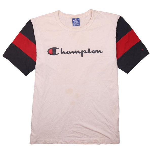 Vintage Champion 90's Beige Cream Spellout Short Sleeve T-Shirt Medium