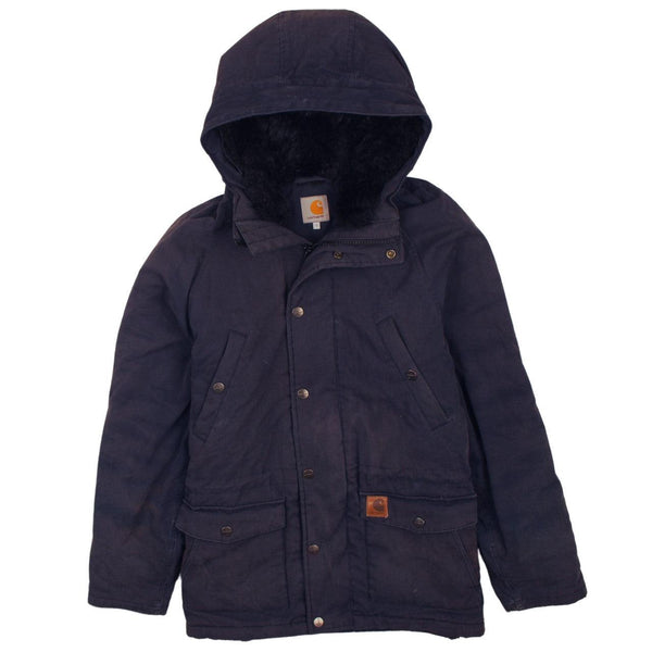 Vintage Carhartt 90's Heavyweight Hooded Workwear Jacket Small Navy Blue