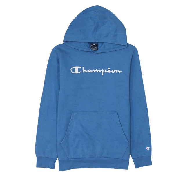 Champion 90's Spellout Pullover Hoodie XLarge Blue