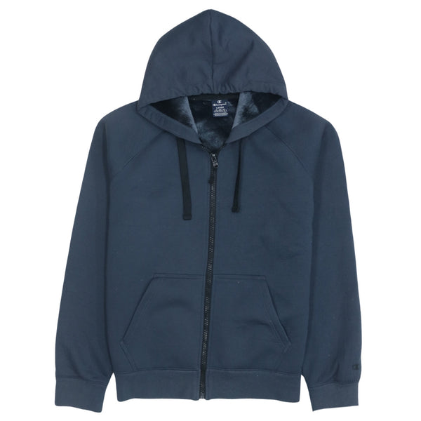 Champion 90's Vintage Navy Blue Full Zip Hoodie Large Drawstring Pockets