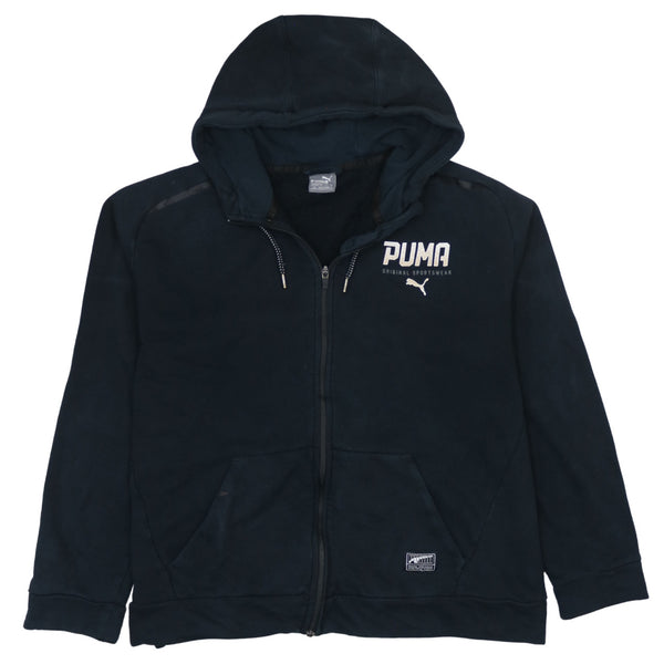 Puma 90's Vintage Full Zip Black Hoodie Large with Drawstring Pockets