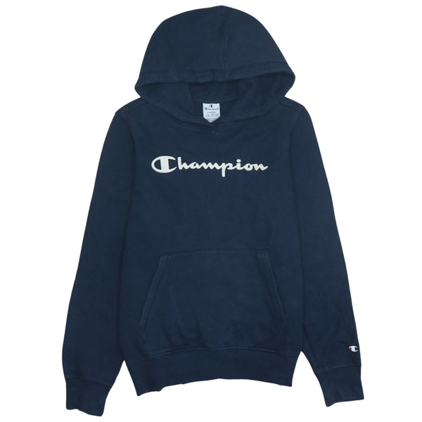 Vintage 90's Champion Spellout Pullover Hoodie Medium Navy Blue