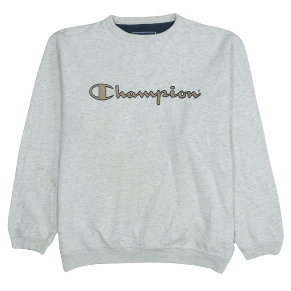 Champion Men's Spellout Crew Neck Sweatshirt 90s Vintage Grey Large