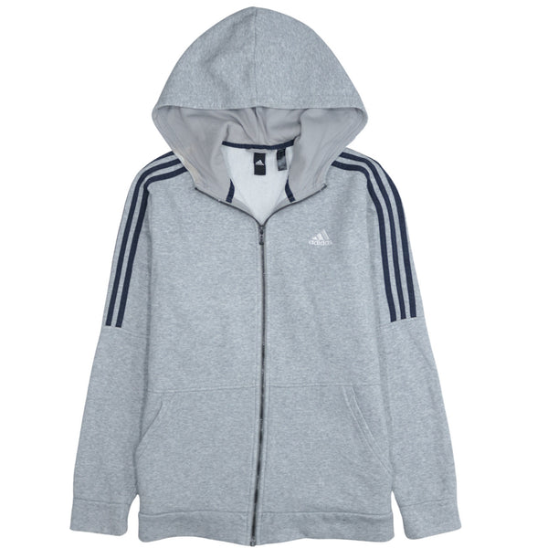 Adidas Vintage 90's Men's Grey Zip Up Hoodie with Striped Sleeves, Medium