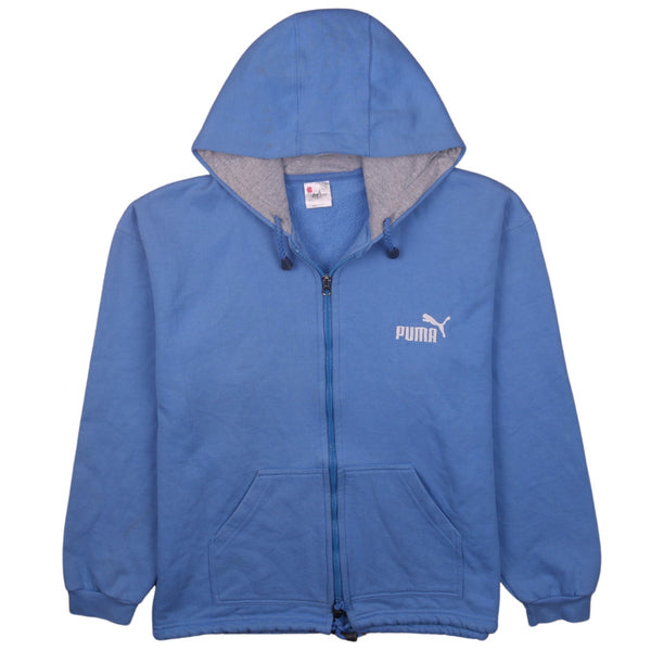 Puma 90's Vintage Blue Hoodie Men's Medium Drawstring Zip Pockets