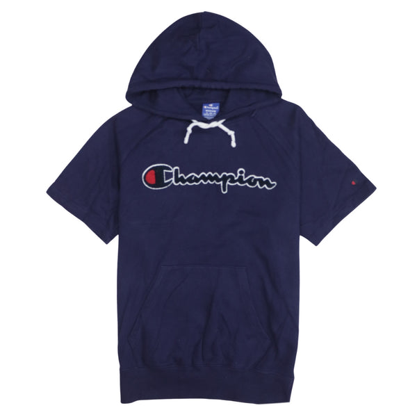 Champion 90's Spellout Short Sleeves Hoodie Medium Navy Blue