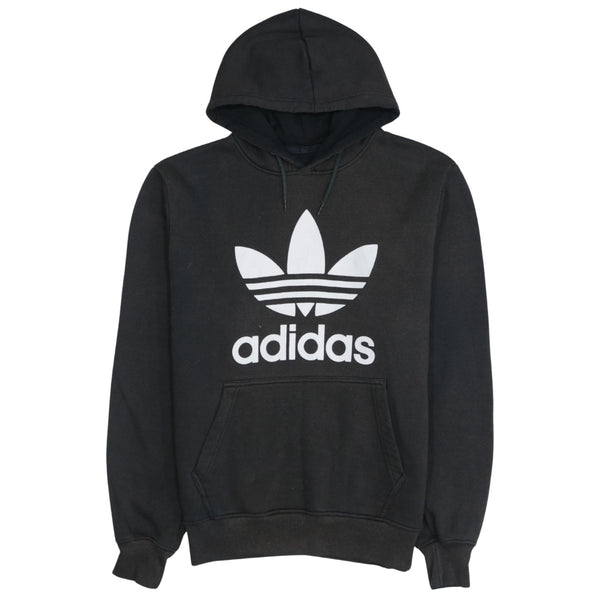 Adidas 1990s Vintage Black Spellout Hoodie Men's Large Cotton Faded