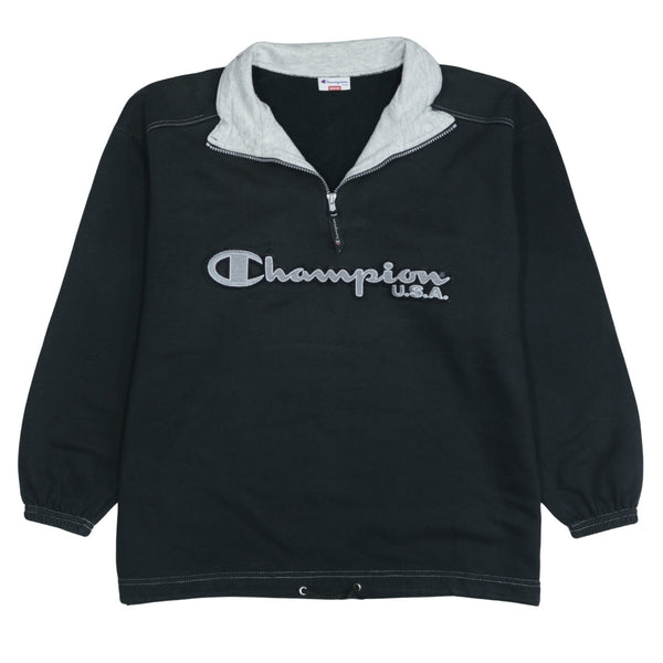 Vintage 90's Champion Spellout Quarter Zip Black Medium Sweatshirt