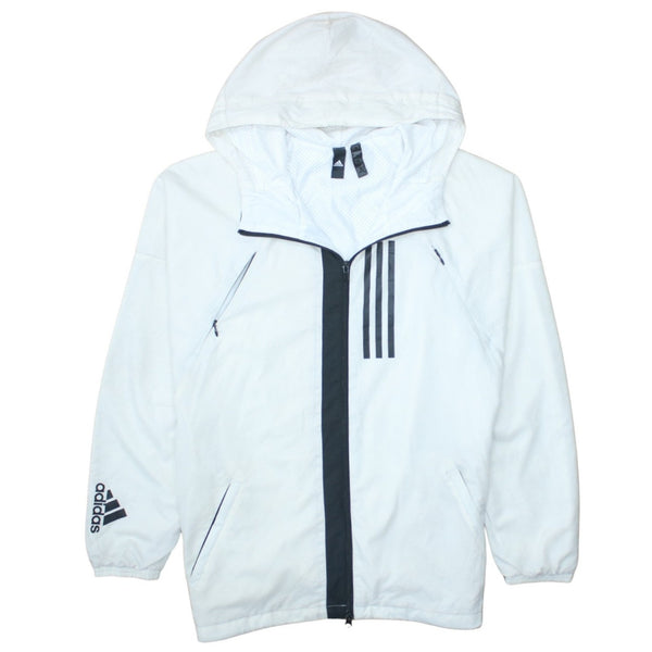 Adidas White Hooded Windbreaker Jacket Men's Medium Zip Pockets Three Stripe Logo Outerwear