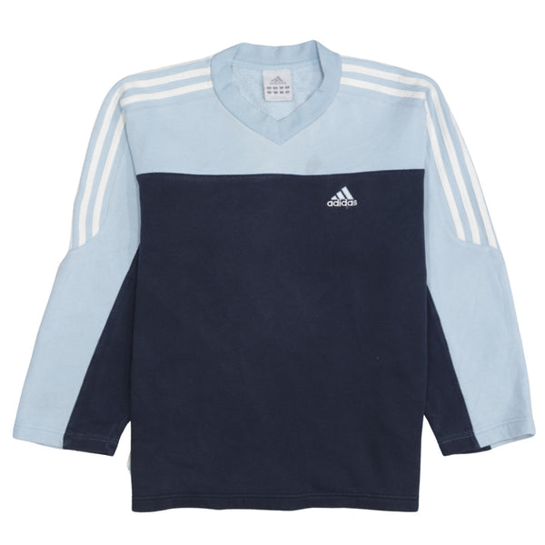 Adidas 90's Striped Sleeve V Neck Sweatshirt Medium  Navy Blue
