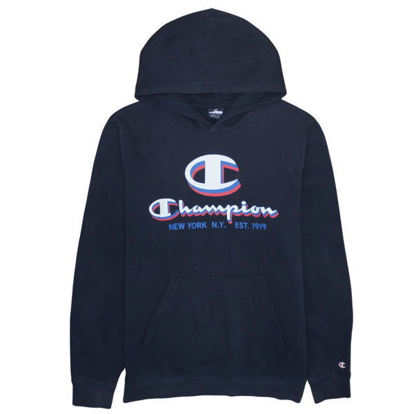 Champion 90's Spellout Pullover Hoodie Large Navy Blue