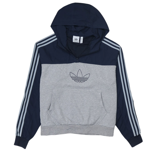 Adidas Vintage 90's Grey Striped Sleeve Pullover Hoodie - Large