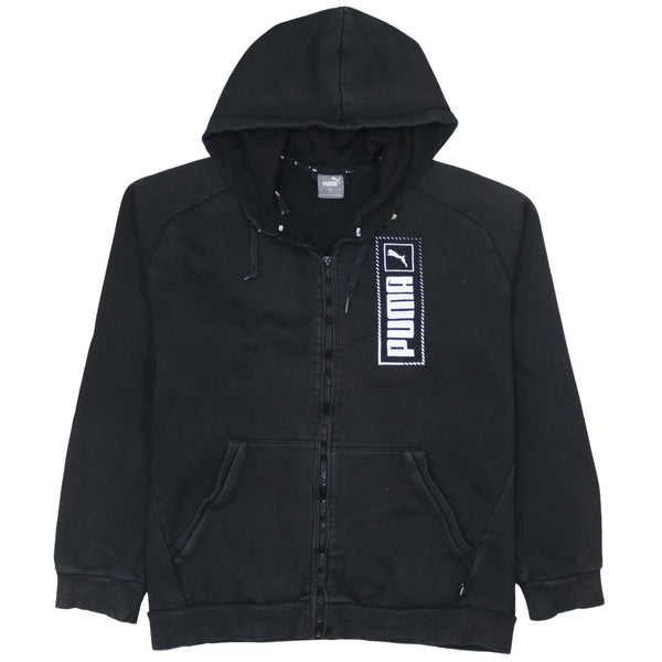 Puma 90's Vintage Black Full Zip Hoodie with Drawstring Pockets, Men's Large