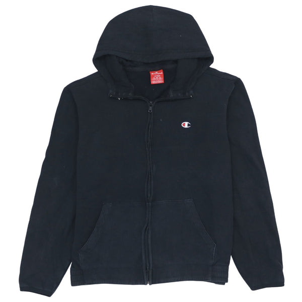 Vintage Champion 90's Large Black Full Zip Hoodie with Drawstring Pockets