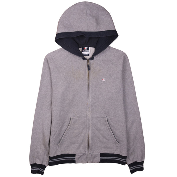 Champion Hoodie 90's Style Grey Striped Cuff Large Men's Zip Up