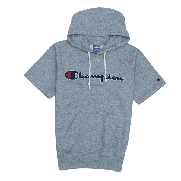 Champion 90s Grey Short Sleeve Spellout Hoodie Men's Small Vintage