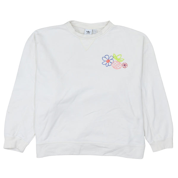 Adidas White Sweatshirt Women's Small Embroidered Floral Chest Graphic Crewneck Pullover Top