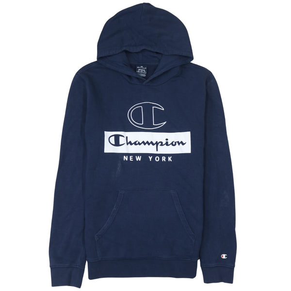 Champion 90's Spellout Pullover Hoodie Medium Navy Blue