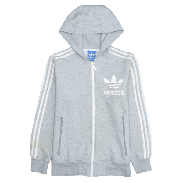 Adidas 90's Grey Striped Sleeve Full Zip Hoodie Small - Vintage