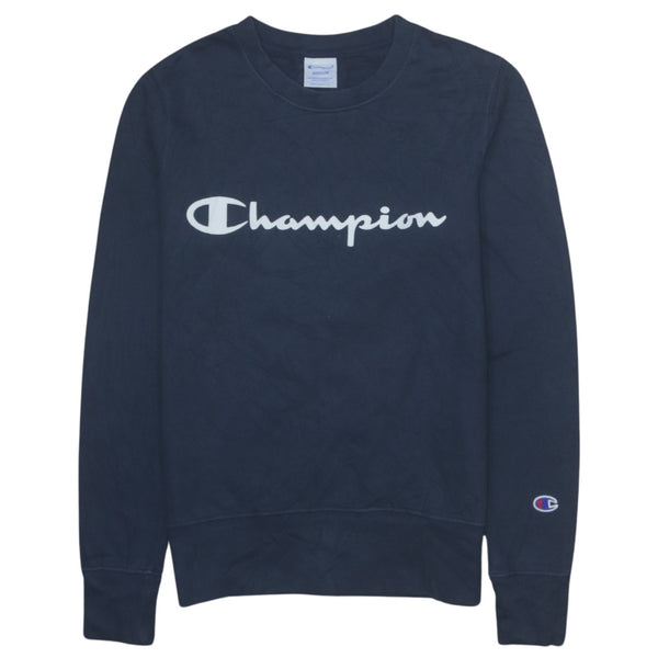 Vintage 90's Champion Spellout Crew Neck Sweatshirt Medium Navy Blue