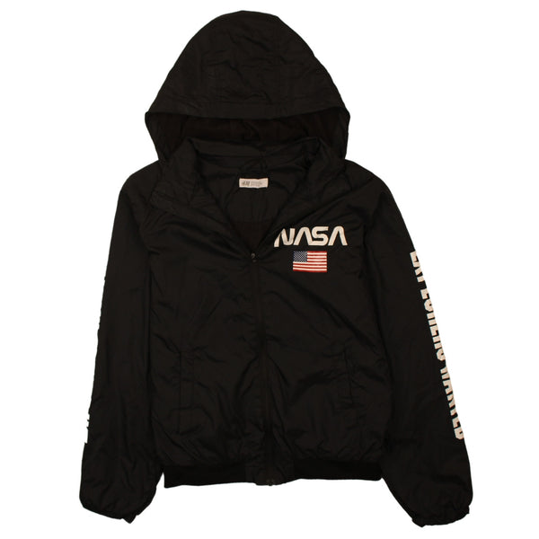 H&M Womens 90's Black Hooded Windbreaker Jacket Medium Zip Up